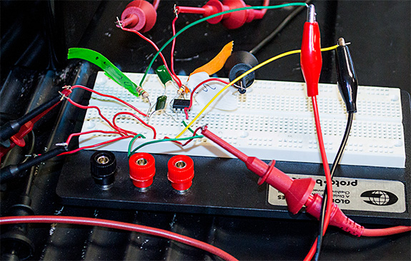 A circuit made using a breadboard