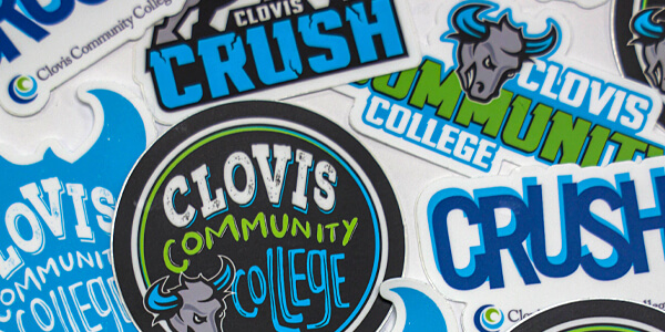 various stickers of Clovis Community College and Clovis Crush