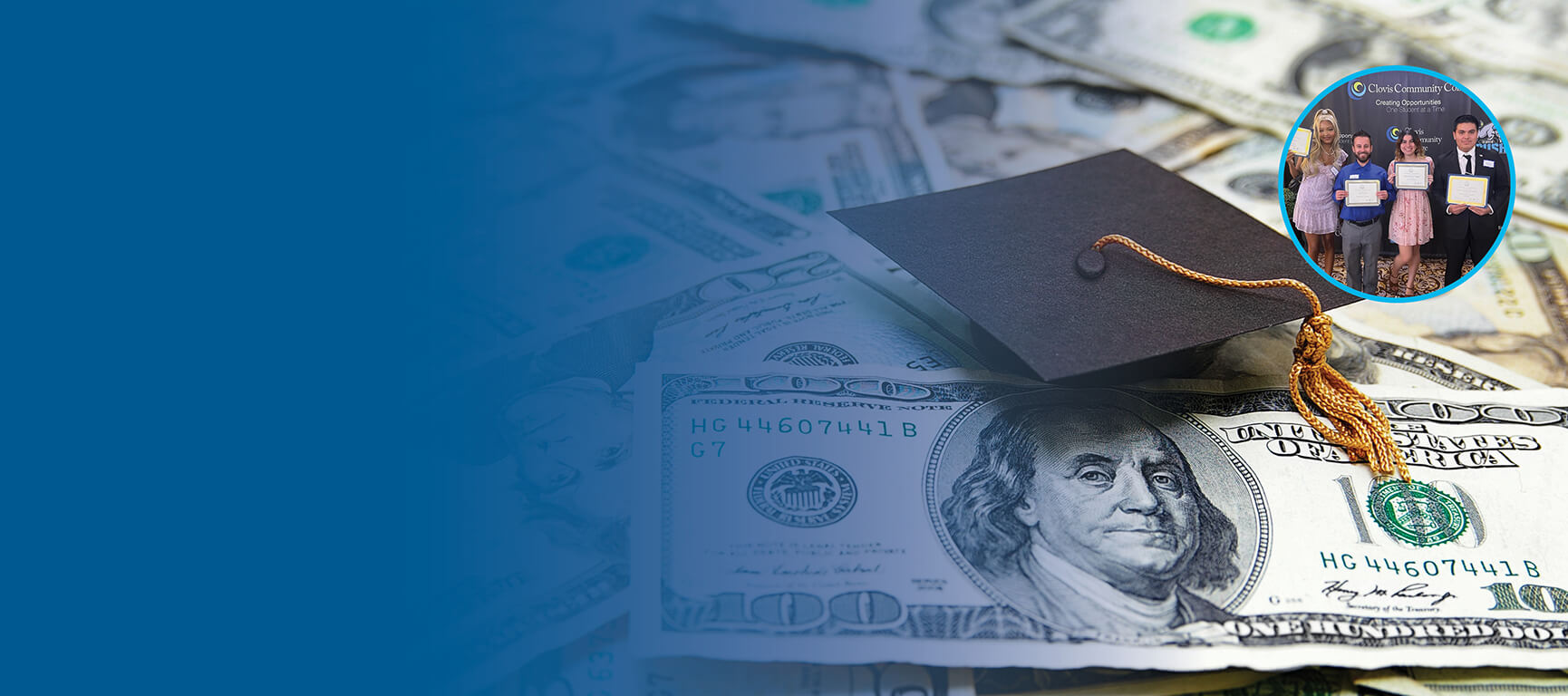 close-up of money and graduation cap