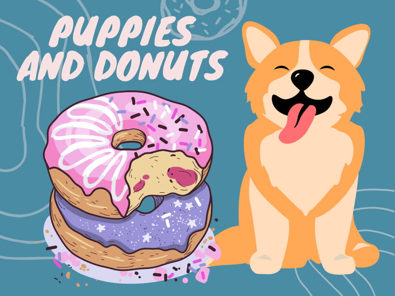 cartoon illustration of a puppy and donuts