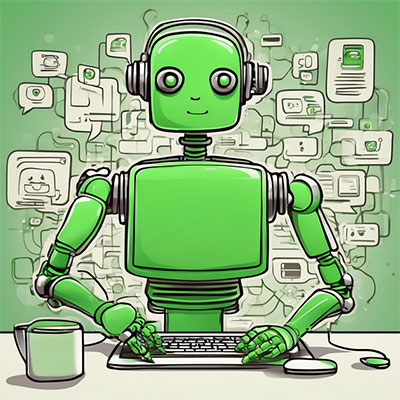 Happy green cartoon robot sitting at a keyboard with math graphics behind it