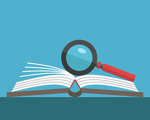 Illustration of an open book with a magnifying glass placed over it.