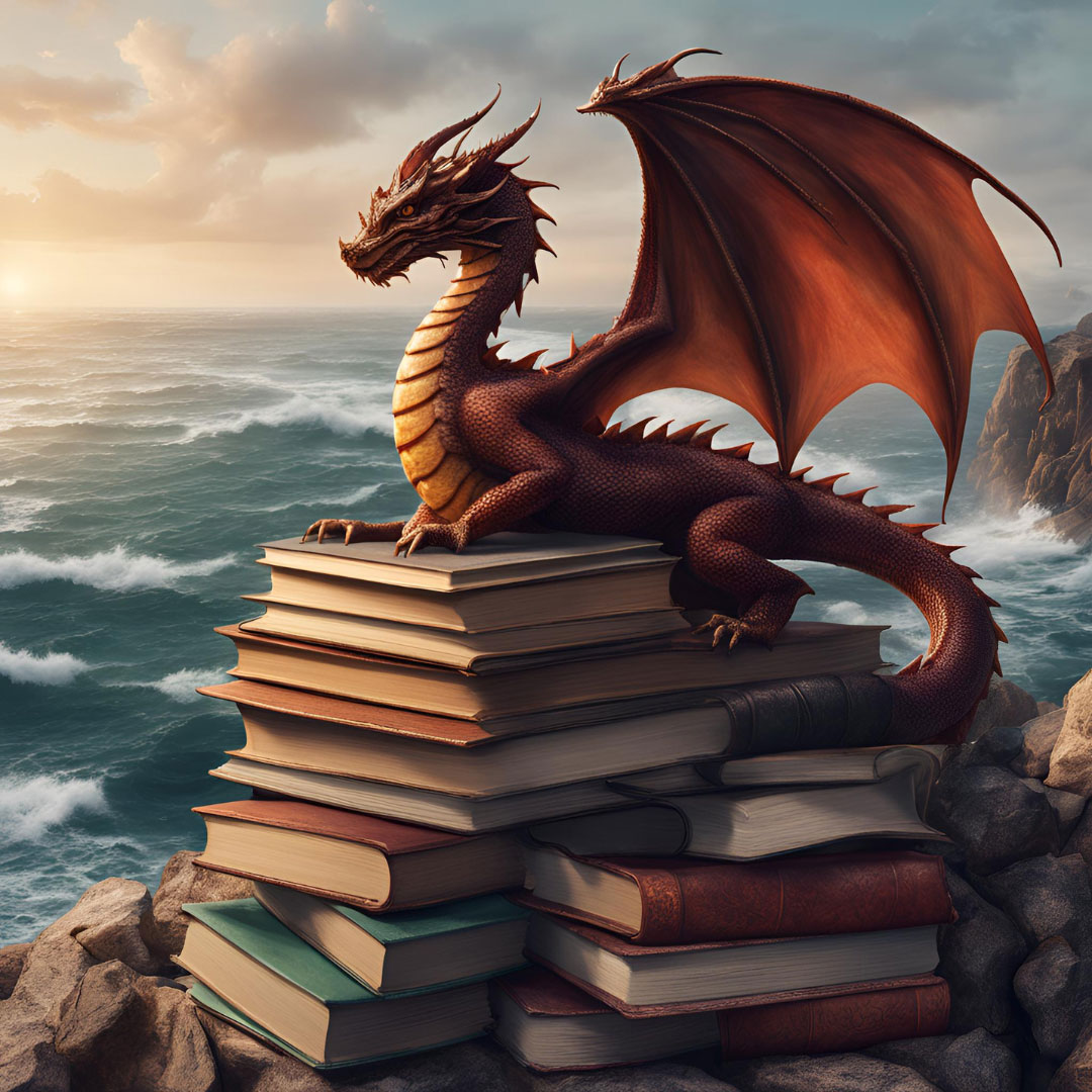 a red dragon perching on top of a stack of books by the ocean