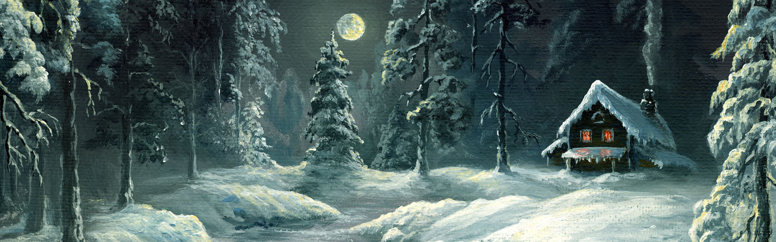 A painting of the full moon shining down on a cozy cottage deep in the forest surrounded by snow