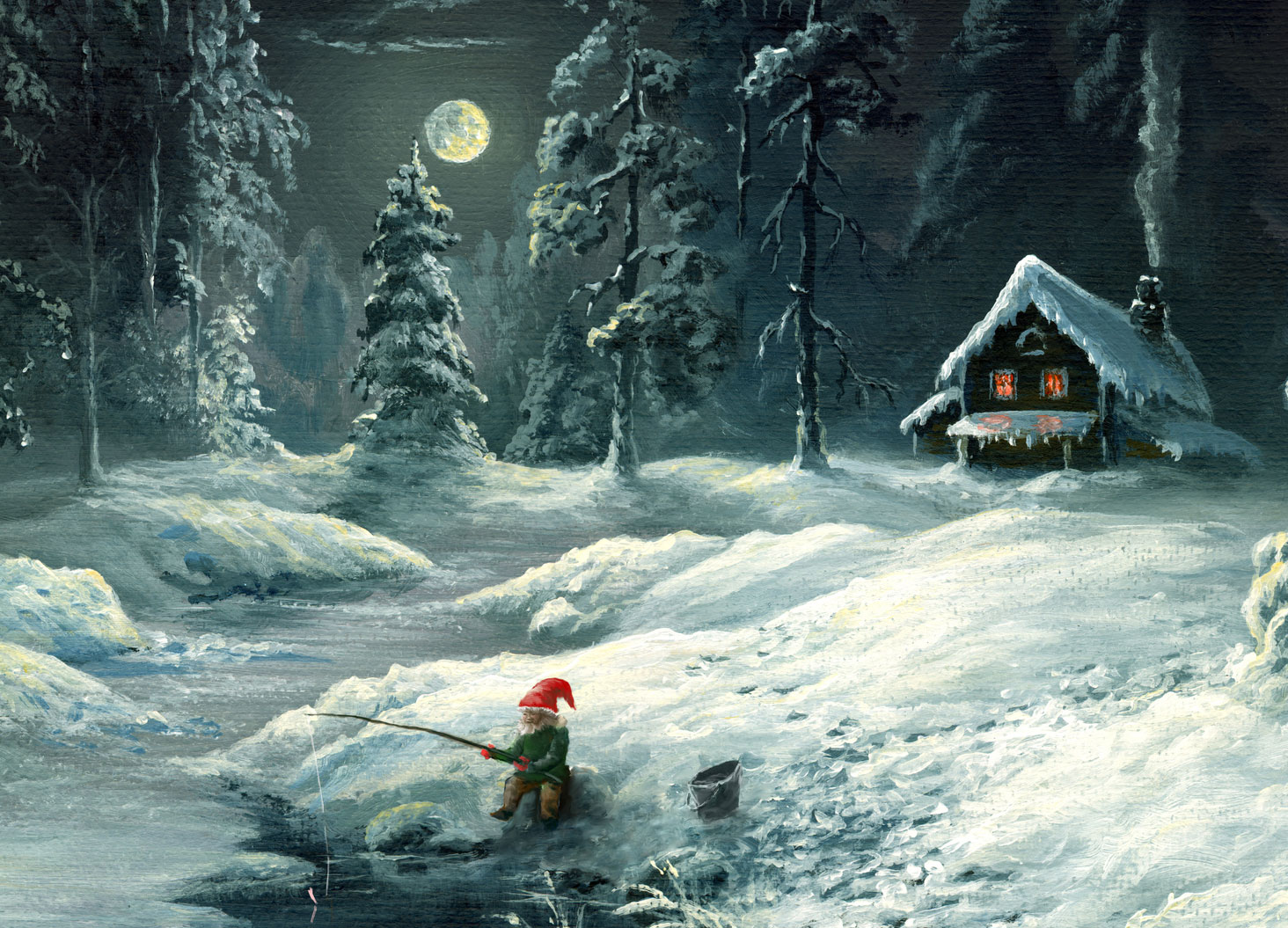 A painting of the full moon shining down on a cozy cottage deep in the forest surrounded by snow. A gnome with a red hat fishes in a river nearby