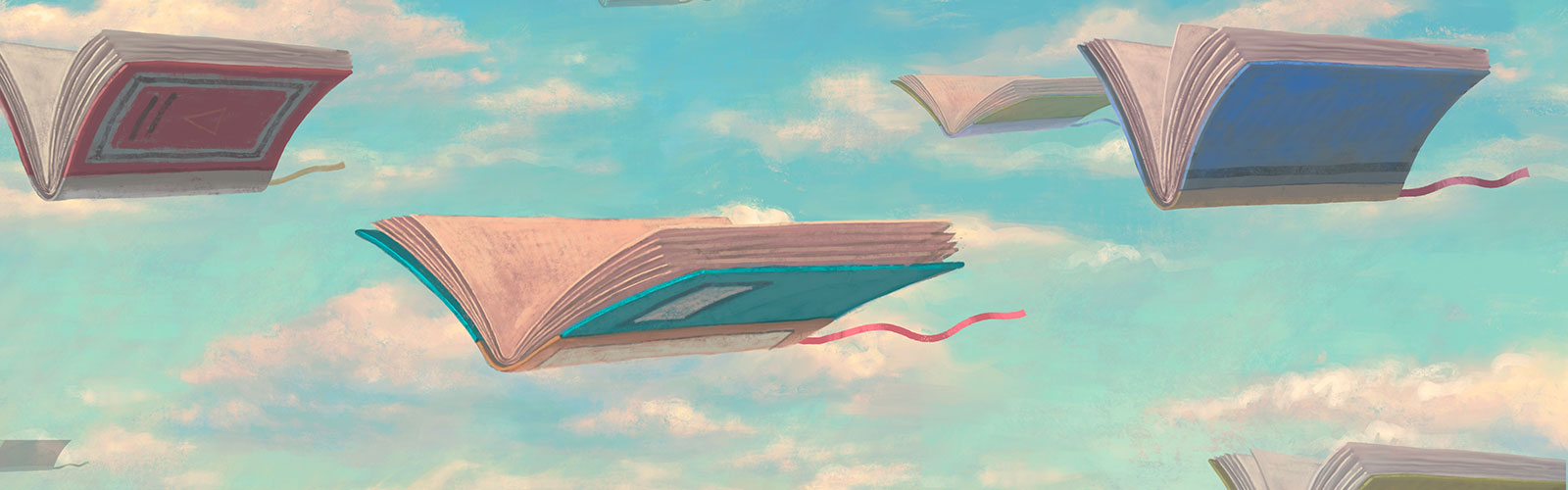 multi colored open books flying among puffy white clouds on a blue sky