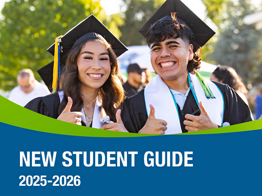 A male and female student smiling with the words 2025-2026 New Student Guide 