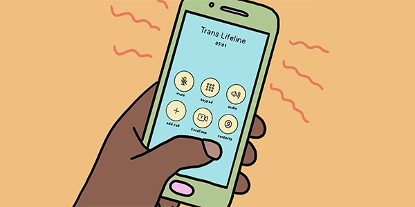 Someone holding a cellphone calling trans lifeline